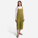 Front View of a Model wearing Olive Green Pinafore Midi Length Dungaree