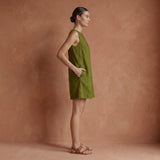 Olive Green Cotton Sleeveless A-Line Short Shift Dress