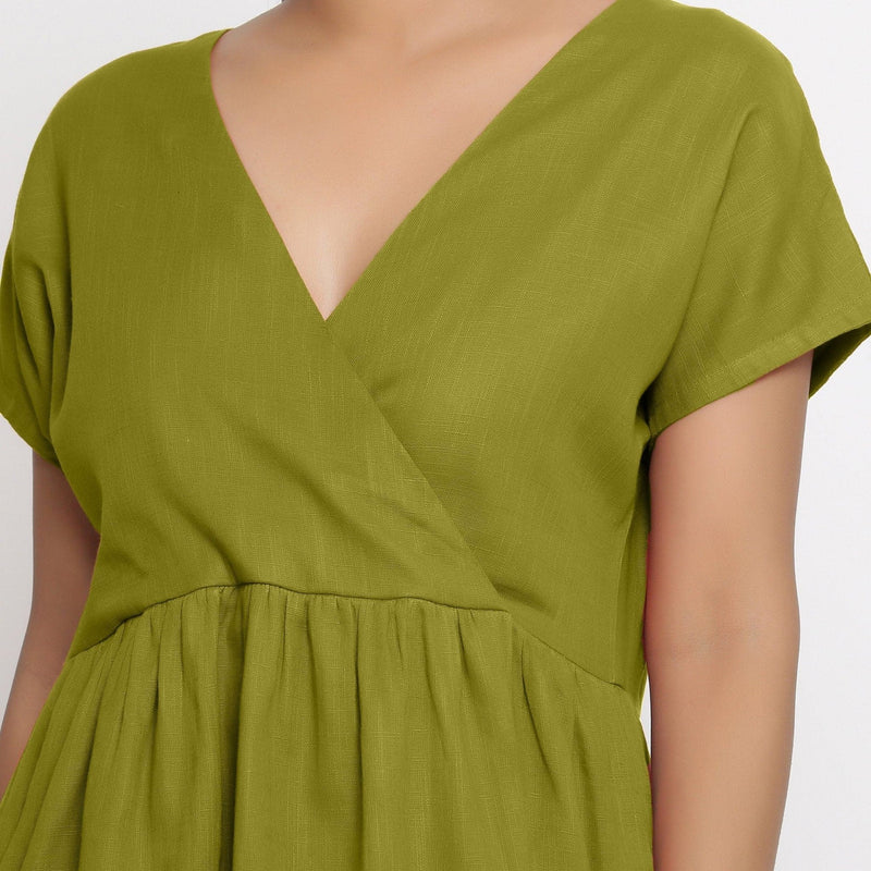 Front Detail of a Model wearing Olive Green Cotton Solid Wrap Dress