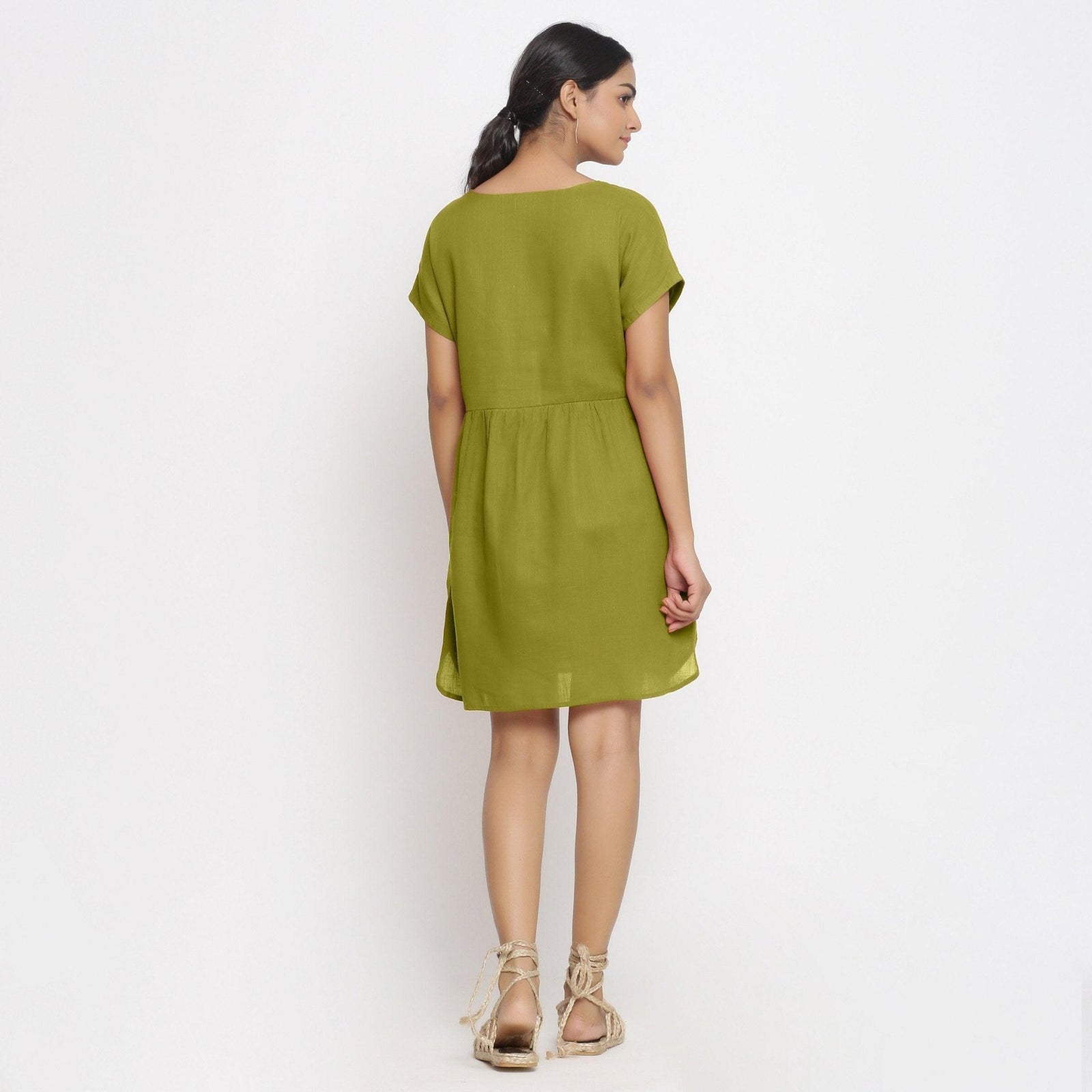 Olive Green Cotton V-Neck Short Wrap Dress 52
