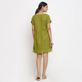 Back View of a Model wearing Olive Green Cotton Solid Wrap Dress