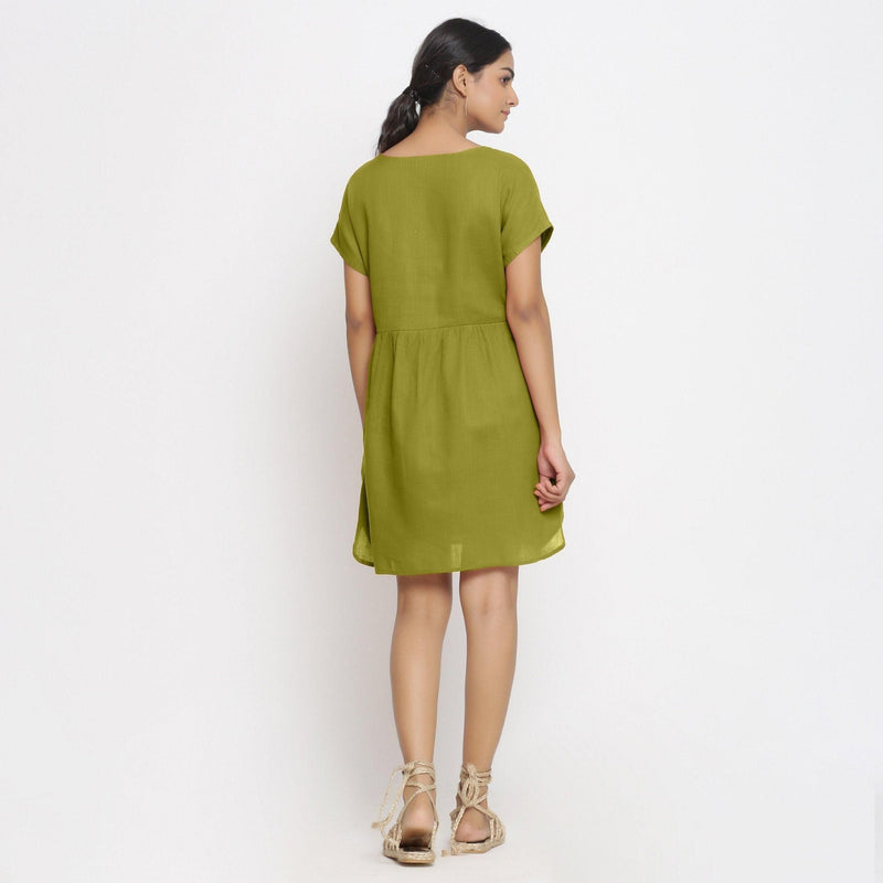 Olive Green Cotton V-Neck Short Wrap Dress 42" / Regular (5'2" - 5'6") Olive Green Cotton V-Neck Short Wrap Dress 42" / Regular (5'2" - 5'6")