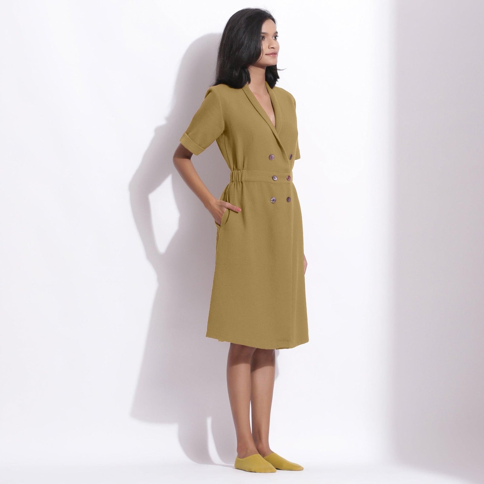 Olive Green Cotton Waffle Knee Length Coat Dress 70