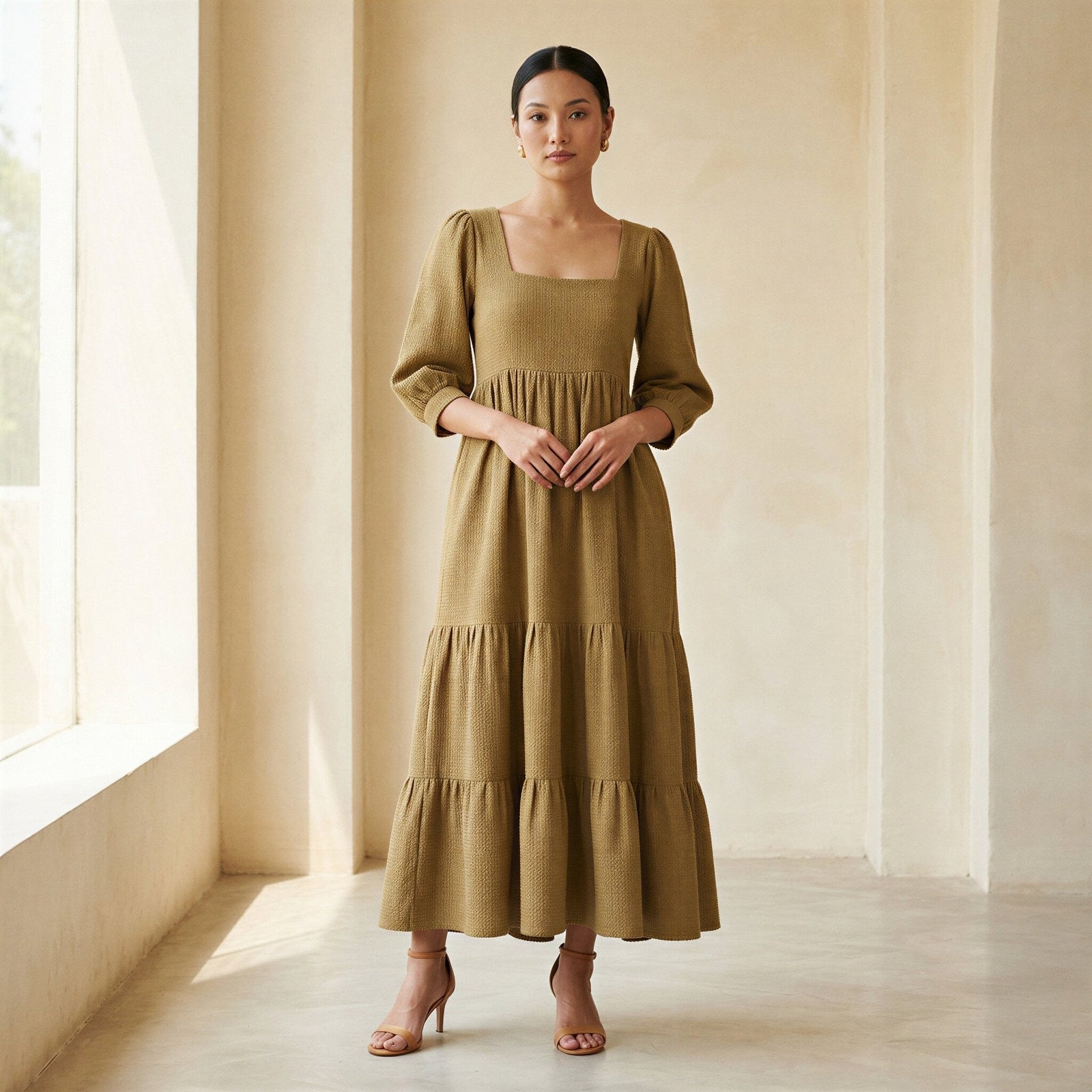 Buy Olive Green Cotton Waffle Square Neck Tiered Midi Dress Online at  SeamsFriendly