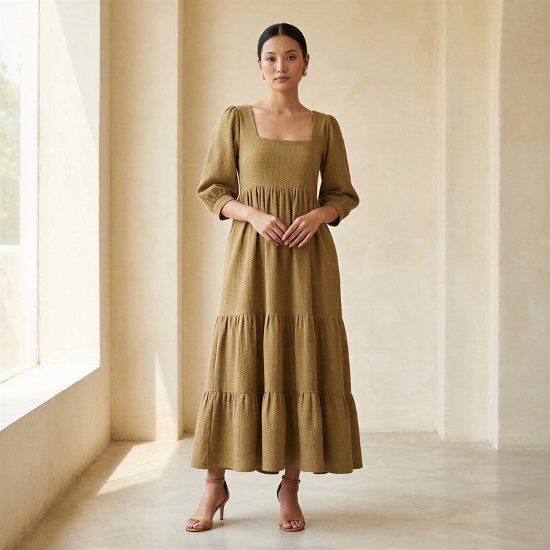 Buy Olive Green Cotton Waffle Square Neck Tiered Midi Dress Online at SeamsFriendly Buy Olive Green Cotton Waffle Square Neck Tiered Midi Dress Online at SeamsFriendly