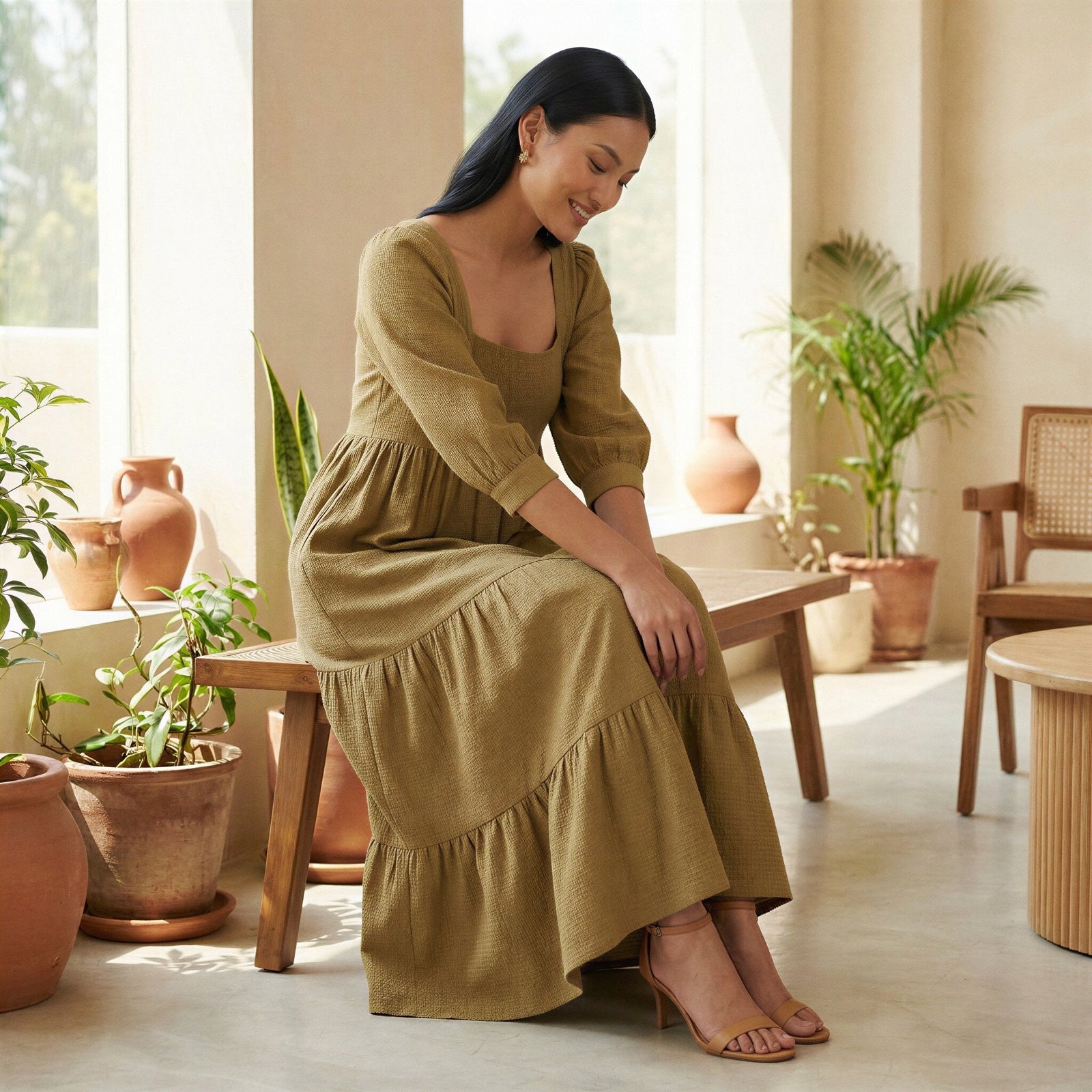 Buy Olive Green Cotton Waffle Square Neck Tiered Midi Dress Online at  SeamsFriendly