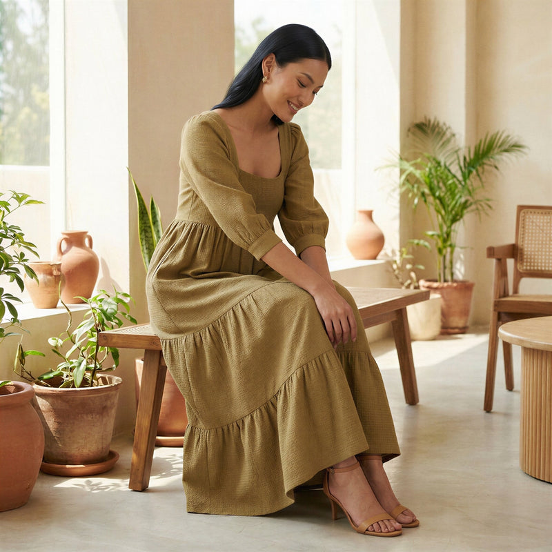 Buy Olive Green Cotton Waffle Square Neck Tiered Midi Dress Online at SeamsFriendly Buy Olive Green Cotton Waffle Square Neck Tiered Midi Dress Online at SeamsFriendly