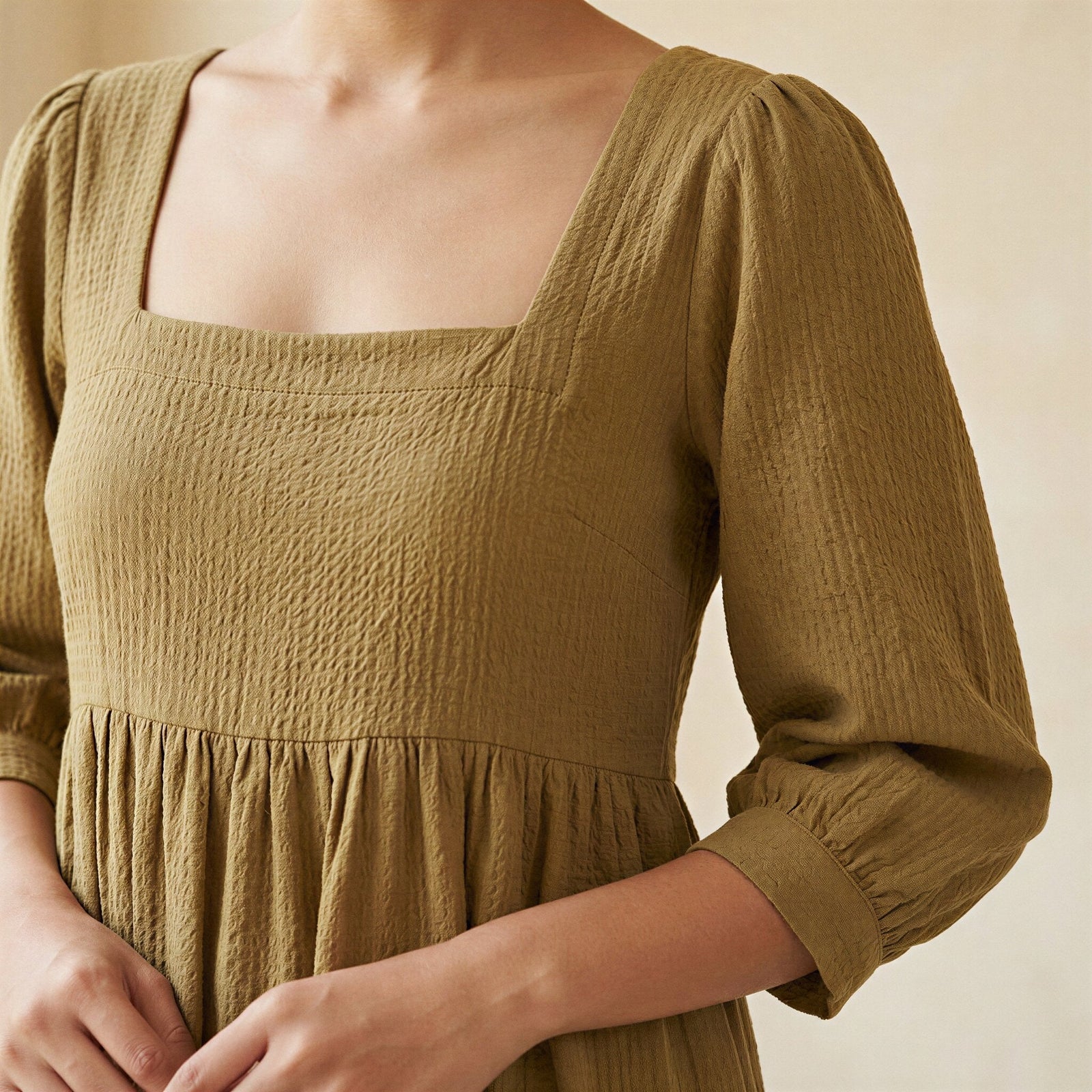 Buy Olive Green Cotton Waffle Square Neck Tiered Midi Dress Online at SeamsFriendly Buy Olive Green Cotton Waffle Square Neck Tiered Midi Dress Online at SeamsFriendly