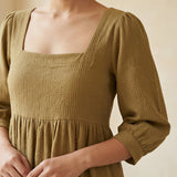 Olive Green Cotton Waffle Square Neck Tiered Midi Dress