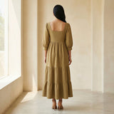 Olive Green Cotton Waffle Square Neck Tiered Midi Dress