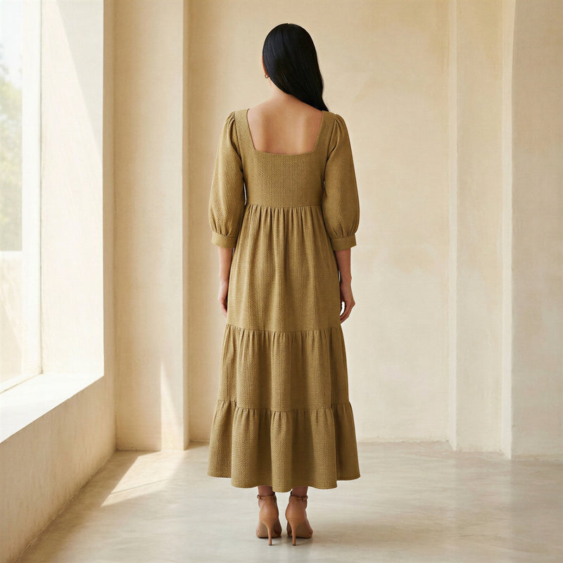 square neck midi dress green Olive Green Cotton Waffle Square Neck Tiered Midi Dress 34