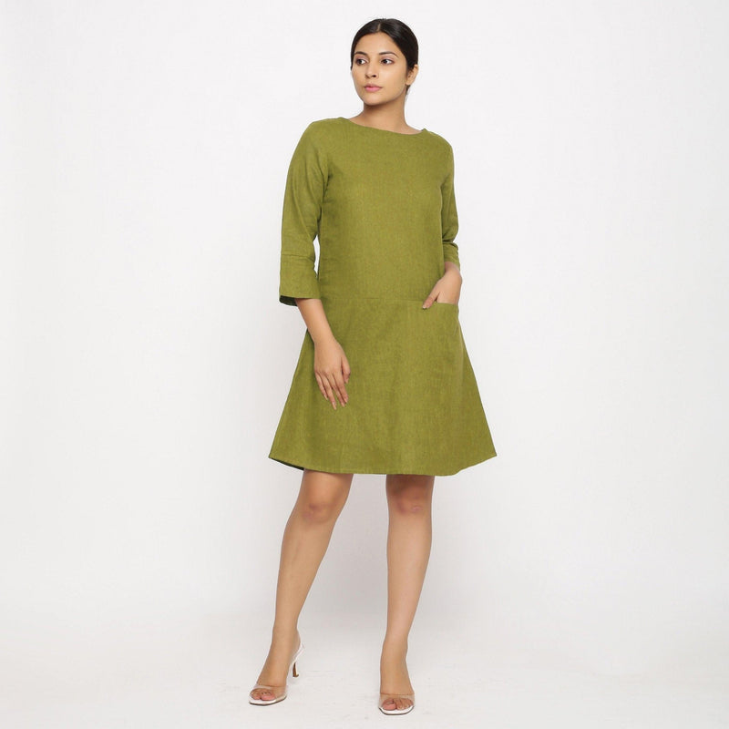 Olive Green Cotton Yoked Tunic Short Dress 52" / Petite (5'1" and below) Olive Green Cotton Yoked Tunic Short Dress 52" / Petite (5'1" and below)