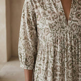 Olive Green Floral Block Print Cotton Deep-V Maxi Tier Dress