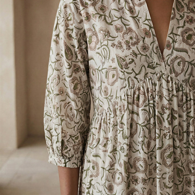 olive green dress floral Block Print Cotton Deep-V Maxi Tier 32