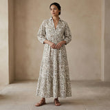 Olive Green Floral Block Print Cotton Deep-V Maxi Tier Dress
