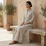 Olive Green Floral Block Print Cotton Deep-V Maxi Tier Dress