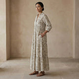 Olive Green Floral Block Print Cotton Deep-V Maxi Tier Dress