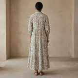 Olive Green Floral Block Print Cotton Deep-V Maxi Tier Dress