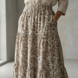 Olive Green Floral Block Print Cotton Elasticated Maxi Tier Skirt