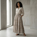 Olive Green Floral Block Print Cotton Elasticated Maxi Tier Skirt