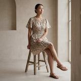 Olive Green Floral Block Print Cotton Elasticated Short Tier Dress
