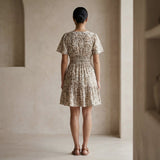 Olive Green Floral Block Print Cotton Elasticated Short Tier Dress