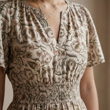 Olive Green Floral Block Print Cotton Elasticated Short Tier Dress
