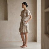 Olive Green Floral Block Print Cotton Elasticated Short Tier Dress