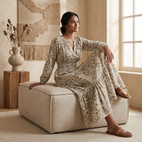 Olive Green Floral Block Print Cotton Fit and Flare Maxi Tier Dress