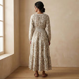 Olive Green Floral Block Print Cotton Fit and Flare Maxi Tier Dress