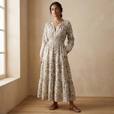 Olive Green Floral Block Print Cotton Fit and Flare Maxi Tier Dress
