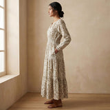 Olive Green Floral Block Print Cotton Fit and Flare Maxi Tier Dress