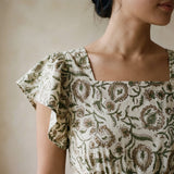 Olive Green Floral Block Print Cotton Open-Back Fit and Flare Knee Length Dress