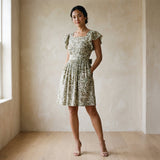 Olive Green Floral Block Print Cotton Open-Back Fit and Flare Knee Length Dress
