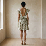 Olive Green Floral Block Print Cotton Open-Back Fit and Flare Knee Length Dress