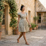 Olive Green Floral Block Print Cotton Open-Back Fit and Flare Knee Length Dress