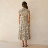 Olive Green Floral Block Print Cotton Paneled A-Line Midi Dress