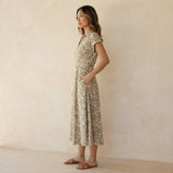 Olive Green Floral Block Print Cotton Paneled A-Line Midi Dress
