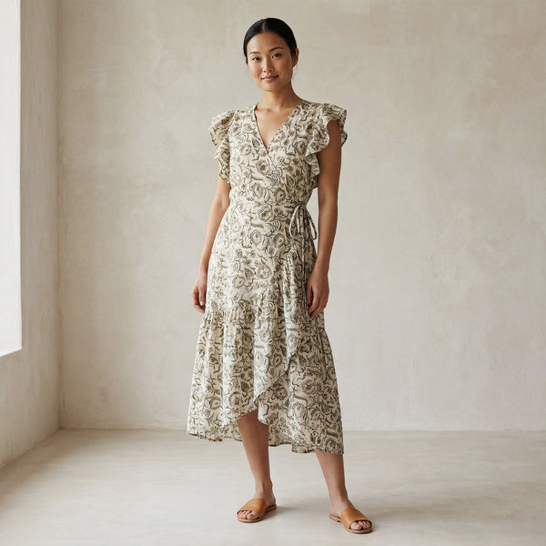 Buy Olive Green Floral Block Print Cotton Ruffle Midi Wrap Dress Online at  SeamsFriendly