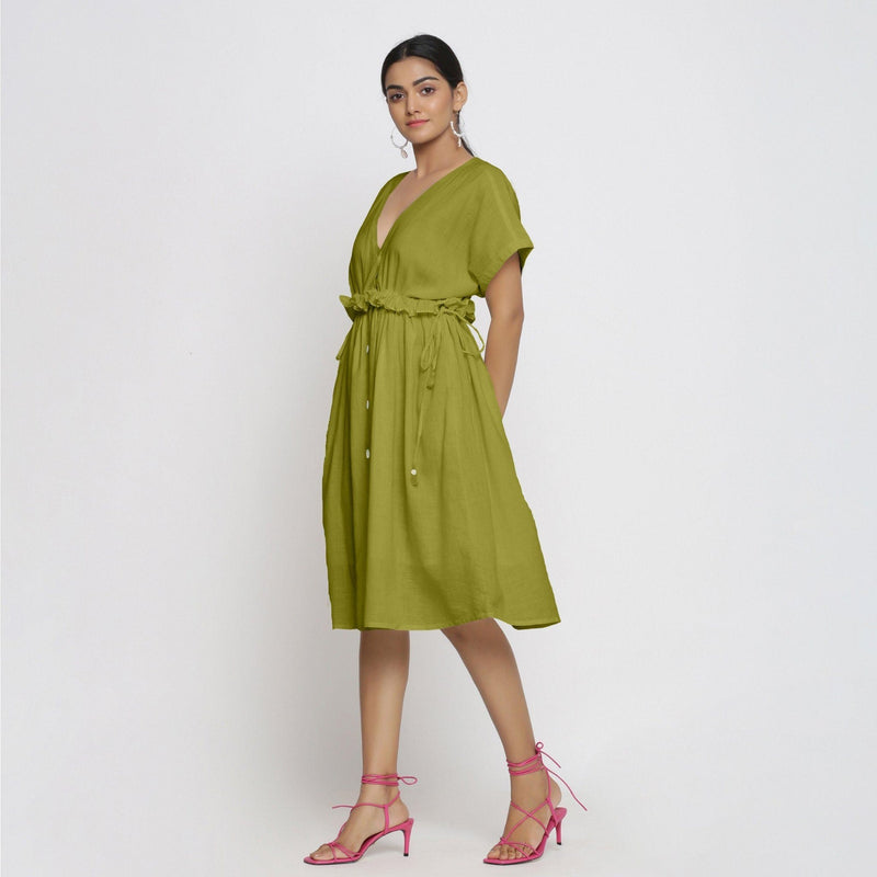 Olive Green Frilled Cotton Knee Length Bohemian Dress 32" / Tall (5'7" and above) Olive Green Frilled Cotton Knee Length Bohemian Dress 32" / Tall (5'7" and above)