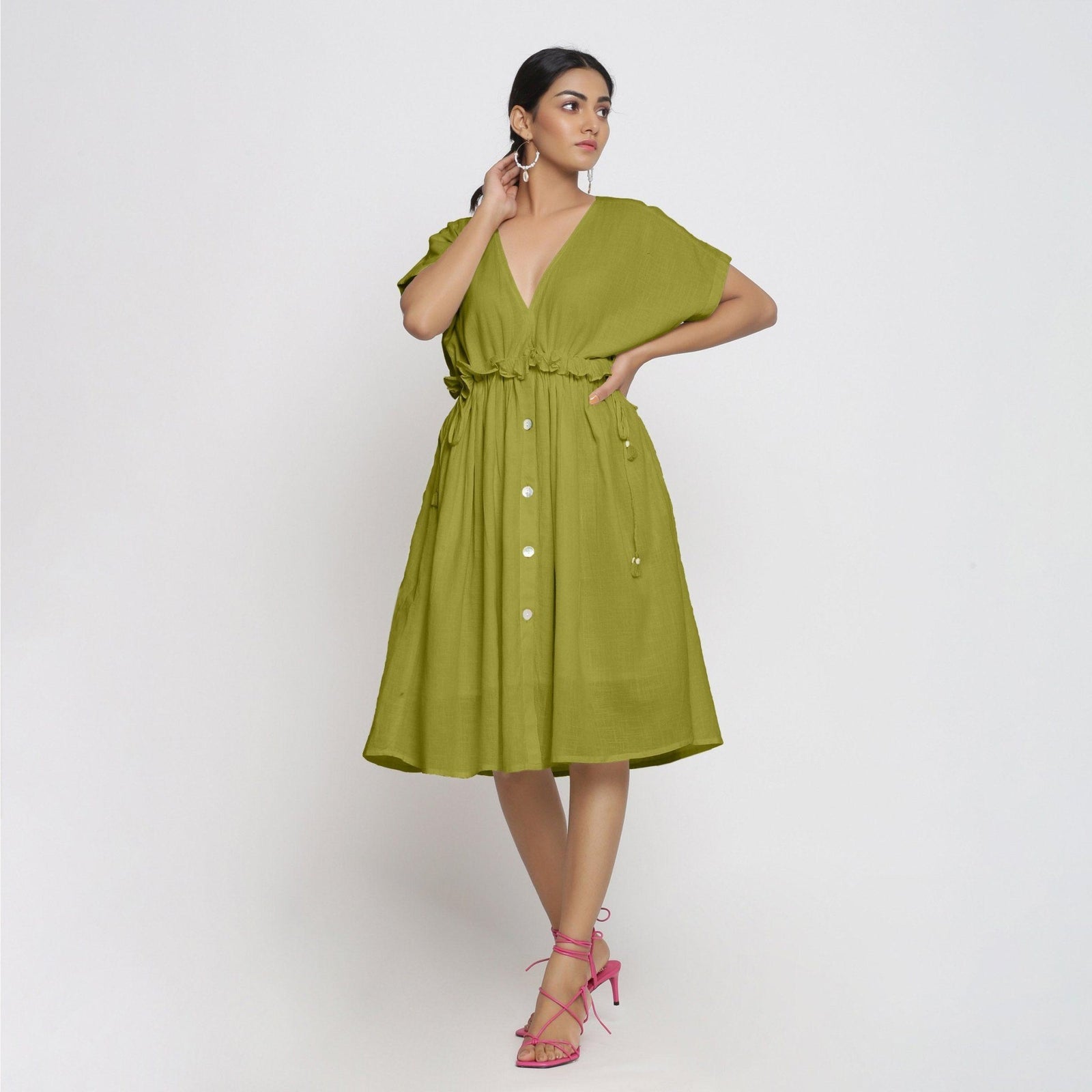 Buy Olive Green Frilled Cotton Knee Length Bohemian Dress Online at  SeamsFriendly