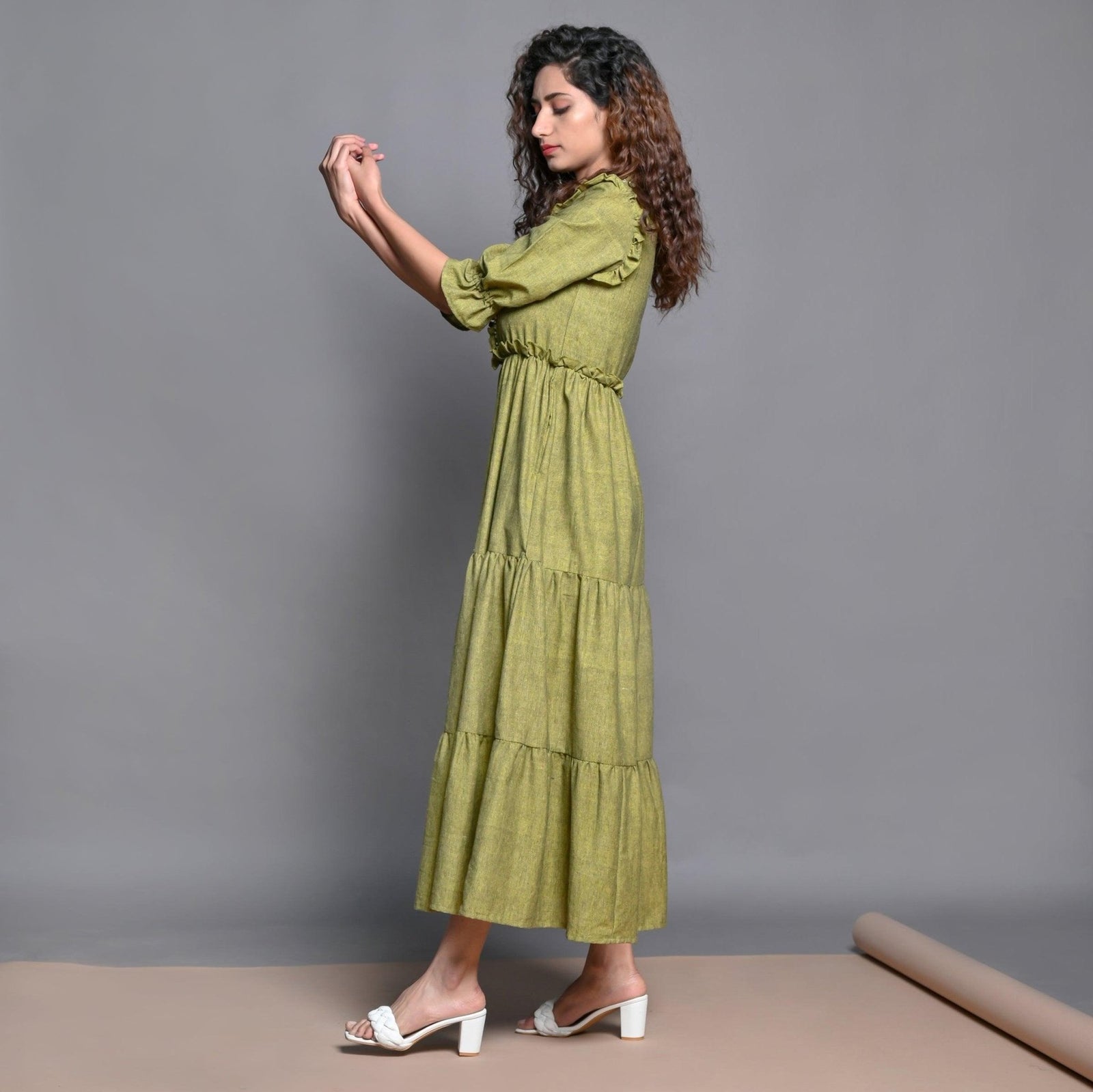 Olive Green Hand Beaded Handspun Cotton Maxi Boho Dress 28