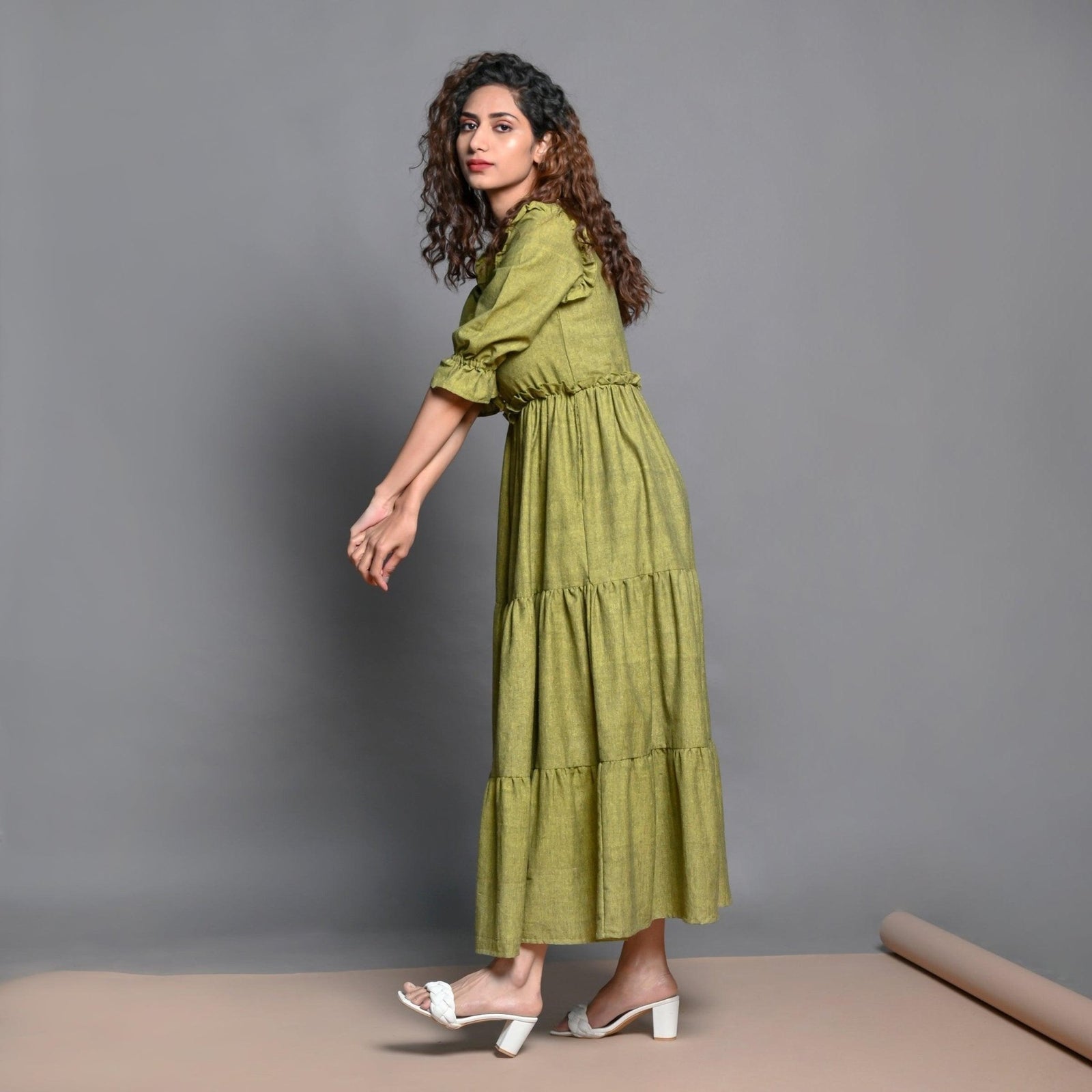 olive green boho maxi dress Olive Green Hand Beaded Handspun Cotton Maxi Boho Dress 66" / Regular (5'2"