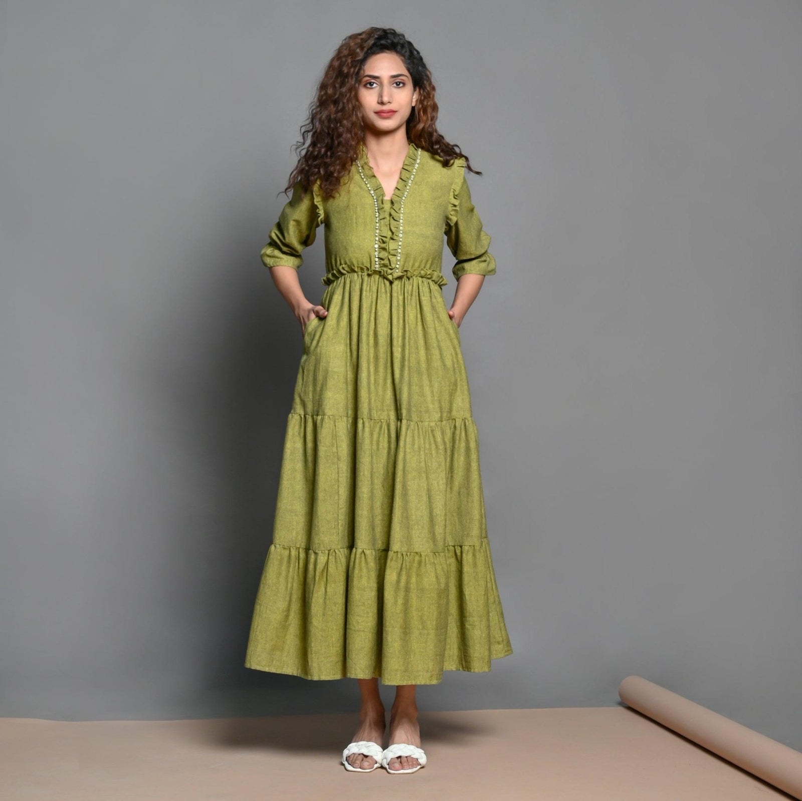 Olive Green Hand Beaded Handspun Cotton Maxi Boho Dress 30" / Custom Height (Free) Olive Green Hand Beaded Handspun Cotton Maxi Boho Dress 30" / Custom Height (Free)