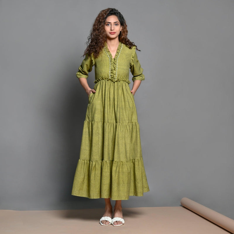Olive Green Hand Beaded Handspun Cotton Maxi Boho Dress 66" / Regular (5'2" - 5'6") Olive Green Hand Beaded Handspun Cotton Maxi Boho Dress 66" / Regular (5'2" - 5'6")