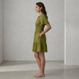 Olive Green Handspun Cotton Elasticated Short Tier Dress