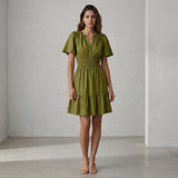 Olive Green Handspun Cotton Elasticated Short Tier Dress