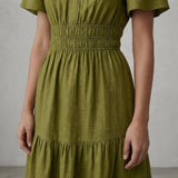 Olive Green Handspun Cotton Elasticated Short Tier Dress