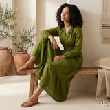 Olive Green Handspun Cotton Fit and Flare Maxi Tier Dress