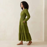 Olive Green Handspun Cotton Fit and Flare Maxi Tier Dress